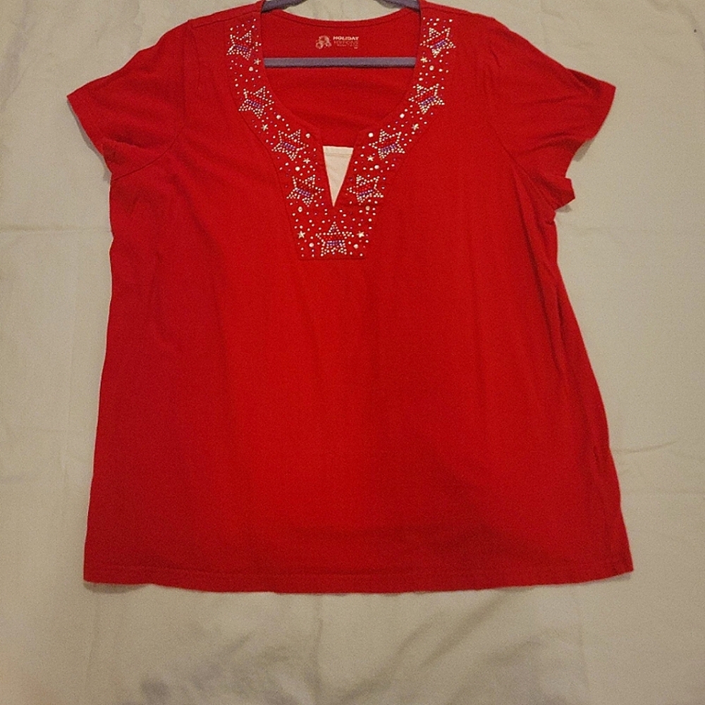 Holiday patriotic red white & blue embellished short sleeve shirt womens 1X